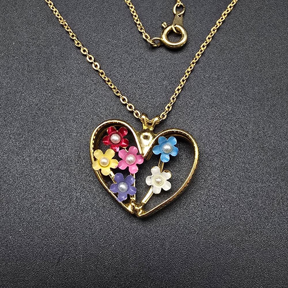 Vintage Enamel Flower Heart Pendant Gold Tone Faux Pearl